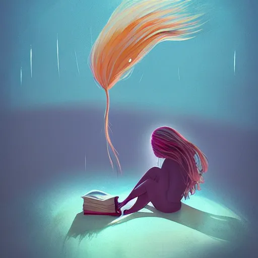 Image similar to a girl reading a book, her hair flowing down, surreal photography, digital painting, artstation, simon stalenhag