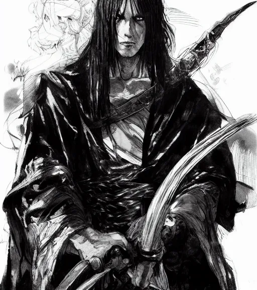 Image similar to portrait of anime man with long hair wearing a dark robe holding a rapier, pen and ink, intricate line drawings, by craig mullins, ruan jia, kentaro miura, greg rutkowski, loundraw