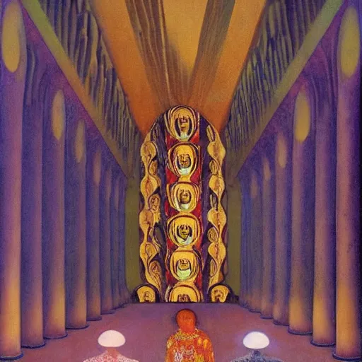 Image similar to a procession of women in a giant metaphysical temple, hyperrealistic film still by gottfried helnwein, by klimt, by paolo uccello, art nouveau, highly detailed, lights by edward hopper, liminal, eerie, metaphysical, bright pastel colors,