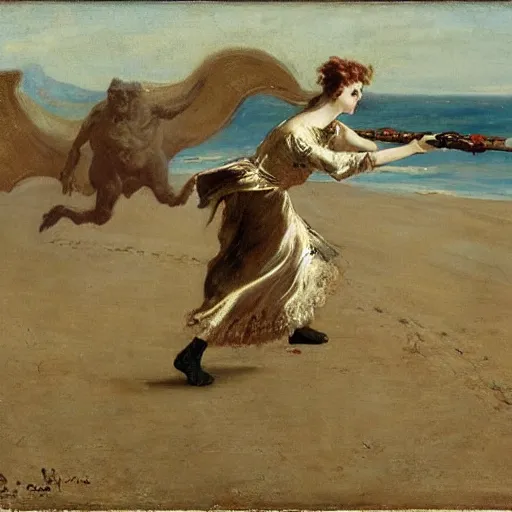 Image similar to a woman fighting a monster by alfred stevens