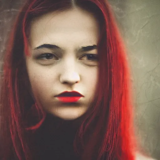 Image similar to a photo of a young woman. moody and melanchonic. red, yellow