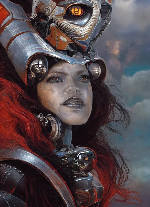 Image similar to symmetry! closeup portrait of a biblical diabolical hunter model girl, cyborg armor, in clouds, cinematic studio light! windy, venom, sunset, by gerald brom, by mikhail vrubel, by peter elson, high contrast, muted colors, extreme detail, mirrors! trending on artstation, 8 k