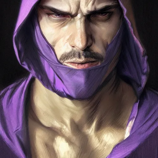 Image similar to ultra realistic illustration, man in a black hood, in a striped purple balaclava, mysterious, highly detailed, digital painting, artstation, concept art, smooth, sharp focus, illustration, art by artgerm and greg rutkowski and alphonse mucha