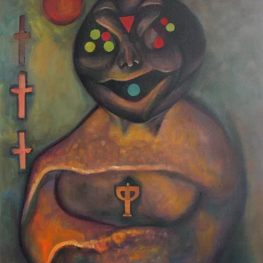 Image similar to portre of an autistic demon on acid, masonic and kabalistic symbols in background, oil painting