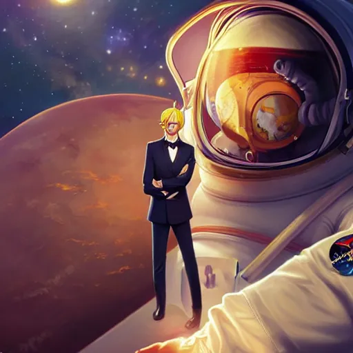 Image similar to sanji in a astronaut suit and sanji, black tuxedo, intricate, sanji, highly detailed, digital painting, artstation, concept art, smooth, sharp focus, illustration, sanji, unreal engine 5, 8 k, art by artgerm and greg rutkowski and alphonse mucha