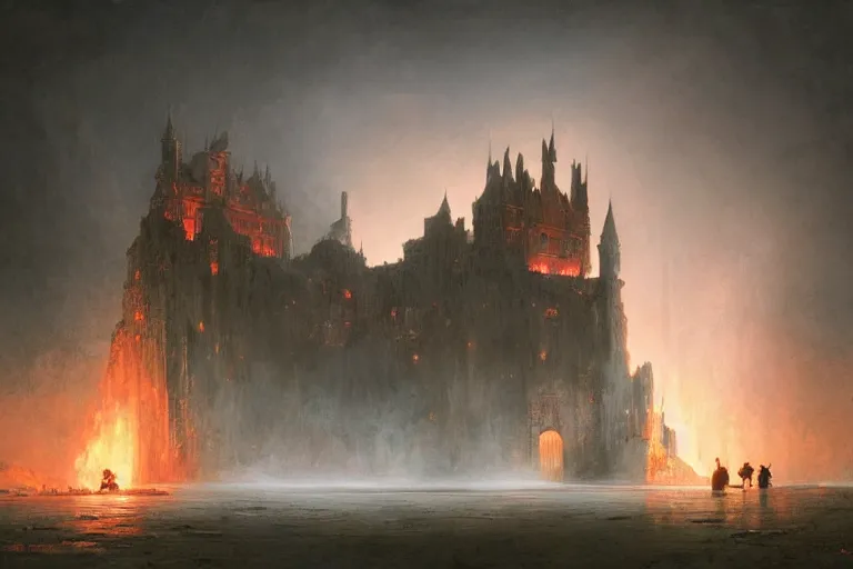 Image similar to a castle at night being lit up by the fire of a dragon, Les Edwards, Zdzislaw Beksinski, Carl Gustav Carus, John Harris, Michal Karcz, Zhang Kechun, Mikko Lagerstedt, Scott Listfield, Steven Outram, Jessica Rossier