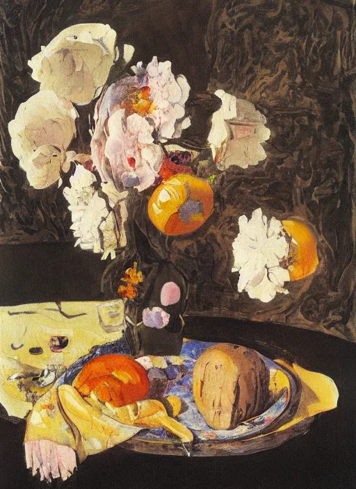 Image similar to a surreal painting of a breakfast still life, flowers, by George Baselitz, symbolist, soft colors, dramatic lighting, smooth, sharp focus, extremely detailed, aesthetically pleasing composition