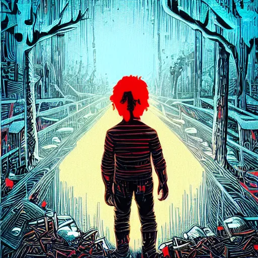 Image similar to a child with bloody red hands standing in ruins by Dan Mumford