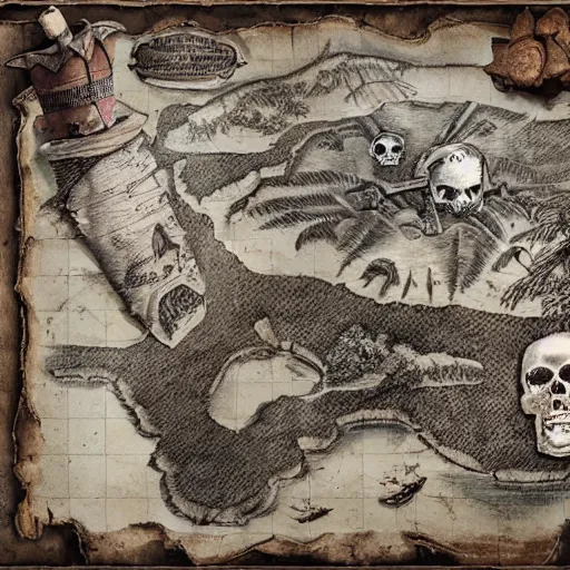 Image similar to old torn treasure map showing the treasure of skull island, pirates treasure map, high detail, high res, hyperrealistic,