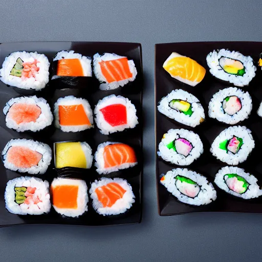 Prompt: photo of perfectly laid out sushi, high detail, 4k, complex