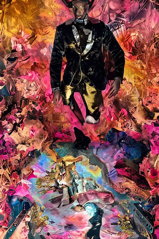 Image similar to Ethereal safari landscape with a pink rainbow sky under a god moonstone, black leather and embroidered Lolita dapper bespoke avant-garde tuxedo in velvet, black and gold rich color, dramatic cinematic lighting, featured on Artstation, extremely detailed by Lisa Frank