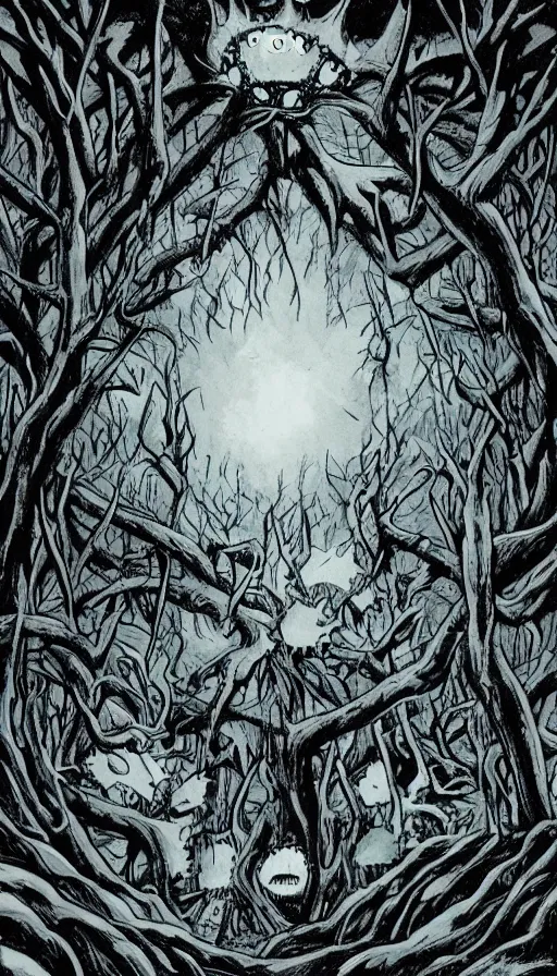 Image similar to a storm vortex made of many demonic eyes and teeth over a forest, from cryptid academia