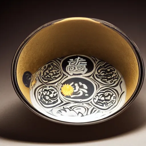 Image similar to astonishing japanese tea cup with amazing artwork of temples and yin and yang on the side, product shoot, studio lighting