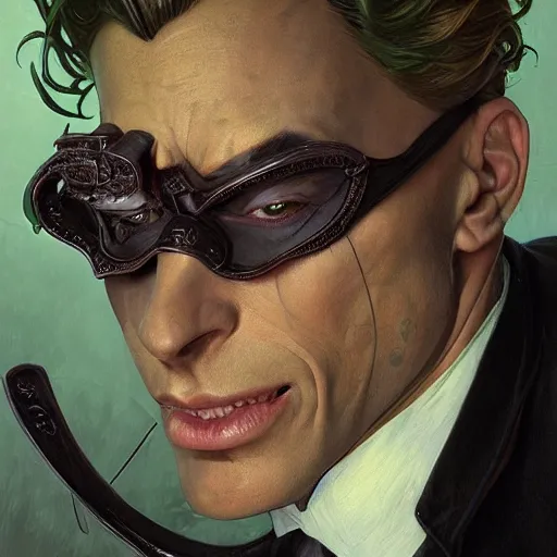 Image similar to the riddler closeup, d & d, intricate, elegant, highly detailed, digital painting, artstation, concept art, matte, sharp focus, illustration, art by artgerm and greg rutkowski and alphonse mucha