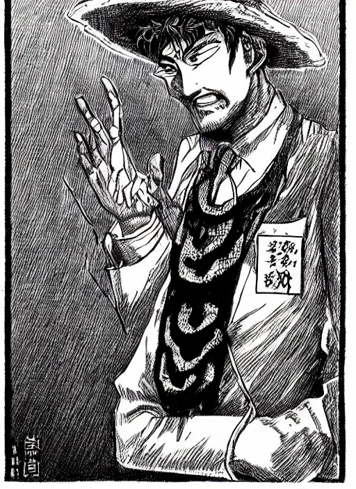 Image similar to portrait of a snake oil salesman by Kentaro Miura, it idn't greasy