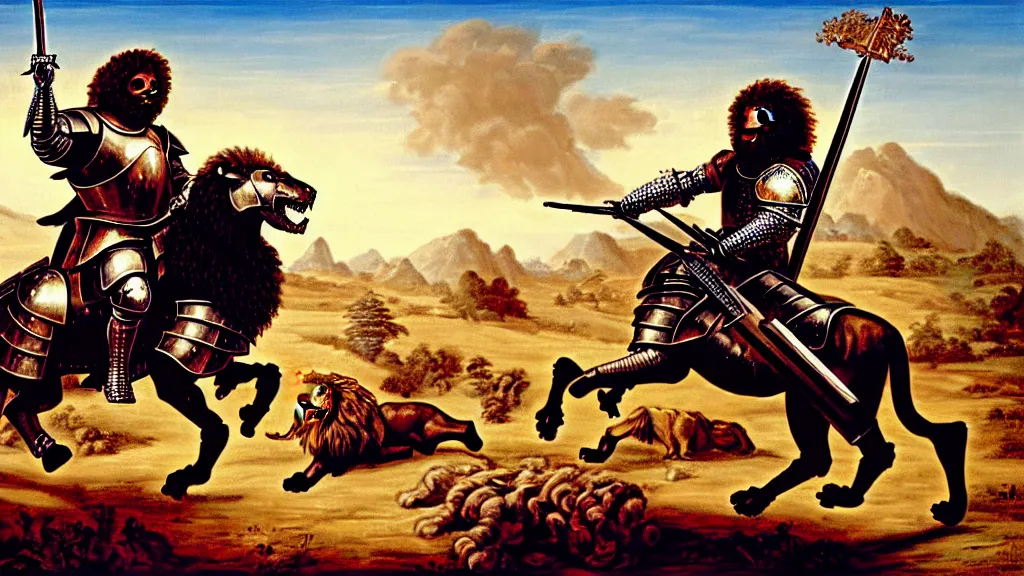 Image similar to fully armored knight wielding an automatic weapon fighting a lion in a medieval setting, painted by bob ross