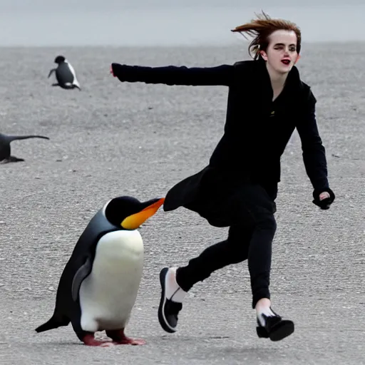 Image similar to a photograph of emma watson chasing a penguin