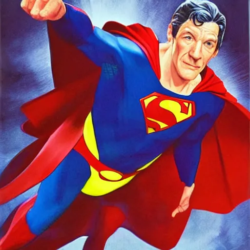 Image similar to comic book cover art, ian mckellen as superman by alex ross