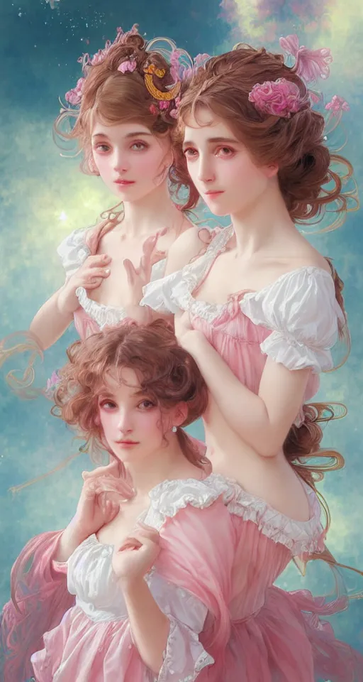 Prompt: portrait of two magical lolita girls, dreamy and ethereal, pink eyes, peaceful expression, ornate frilly dress, fantasy, intricate, elegant, rainbow bubbles, highly detailed, digital painting, artstation, concept art, smooth, sharp focus, illustration, art by artgerm and greg rutkowski and alphonse mucha