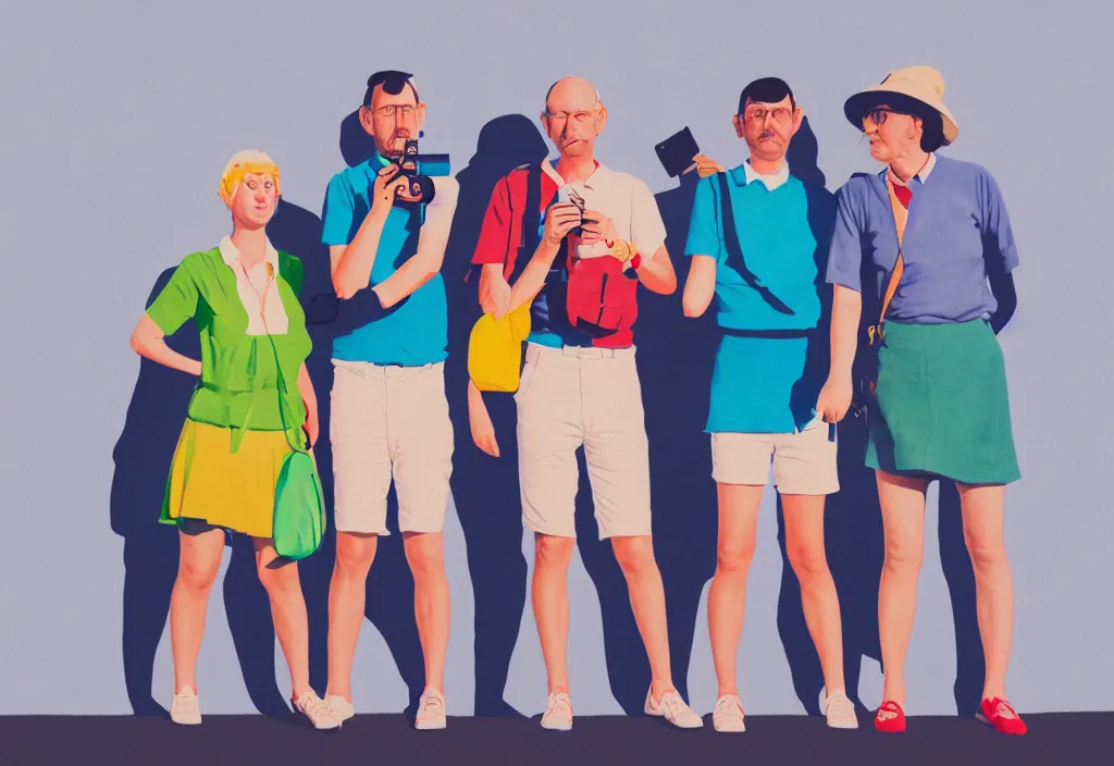 Image similar to full body portrait of a trio of european tourists with nikon cameras, various poses shooting photos, character designs painting, in the style of wes anderson, rene magritte, lola dupre, david hockney, isolated on white background, dark monochrome neon spraypaint accents volumetric octane render