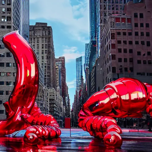 Image similar to an street photograph of a giant metallic red lobster sculpture in the center of a new york street, a large crowd have gathered, by Claes Oldenburg and jeff koons, pop art, reflections, 3D render, Volumetric dynamic lighting, Highly Detailed, Cinematic Lighting, Unreal Engine, 8k, HD