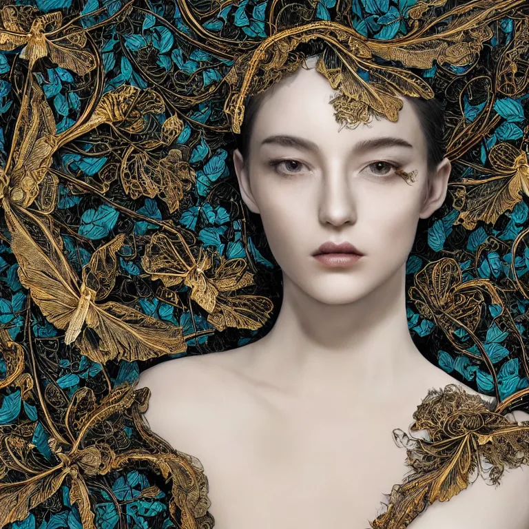 Image similar to dark scene, ultra detailed, of a porcelain woman's face made of big leaves and large Dragonflies, stems, roots, fine foliage lace, turquoise gold details, high fashion haute couture, art nouveau fashion embroidered, intricate details, mesh wire, mandelbrot fractal, anatomical, facial muscles, cable wires, elegant, hyper realistic, dark flower pattern wallpaper, ultra detailed