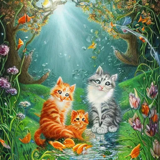 Image similar to two kittens in the enchanted forest watching the goldfish in the stream, fantasy, intricate, extremely detailed, matte, artstation, art by artgerm, louis wain