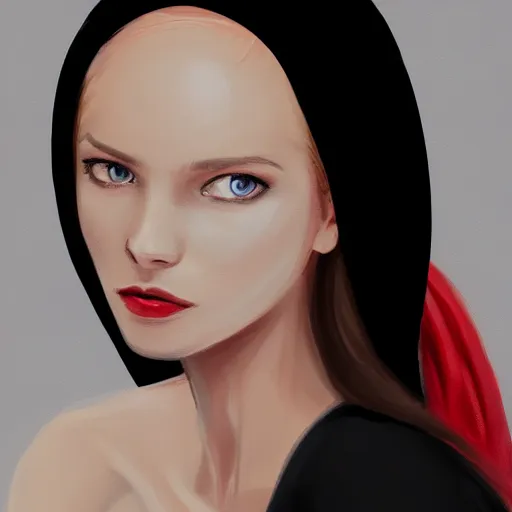 Image similar to beautiful woman in a black dress, full length photo, wearing a white hat and a red scarf, head bowed slightly, looking mischievously and mysteriously at the camera, wavy blond hair, knees upturned, very beautiful woman, 4k highly detailed, digital painting, artstation, concept art, matte, sharp focus, illustration, art by Sandra Pelser and Joshy Sly