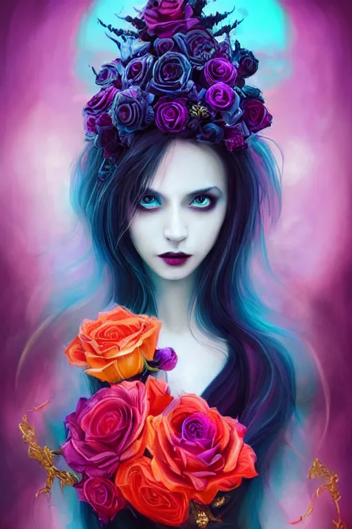 Prompt: portrait of a vampire , fantasy, gradient violet red cyan, dreamy and ethereal, orange eyes, black sclera, golden ratio, peaceful expression, ornate frilly dress, fantasy, intricate, elegant, rainbow spikes, red roses, highly detailed, digital painting, artstation, concept art, smooth,b sharp focus, illustration, art by artgerm and greg rutkowski and alphonse mucha