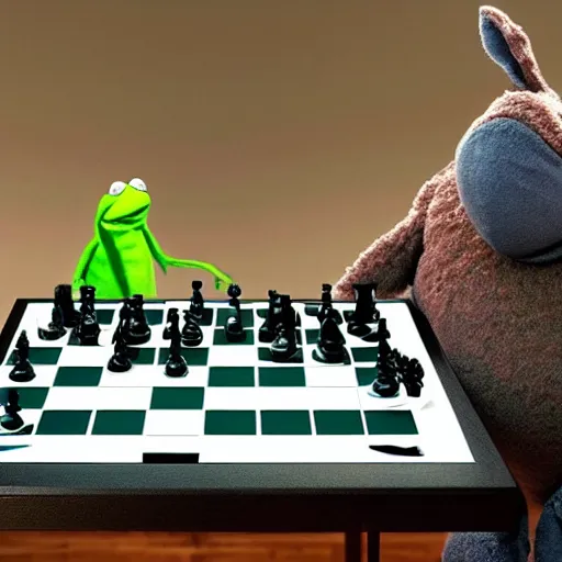 Image similar to Big Chungus and Kermit playing chess.