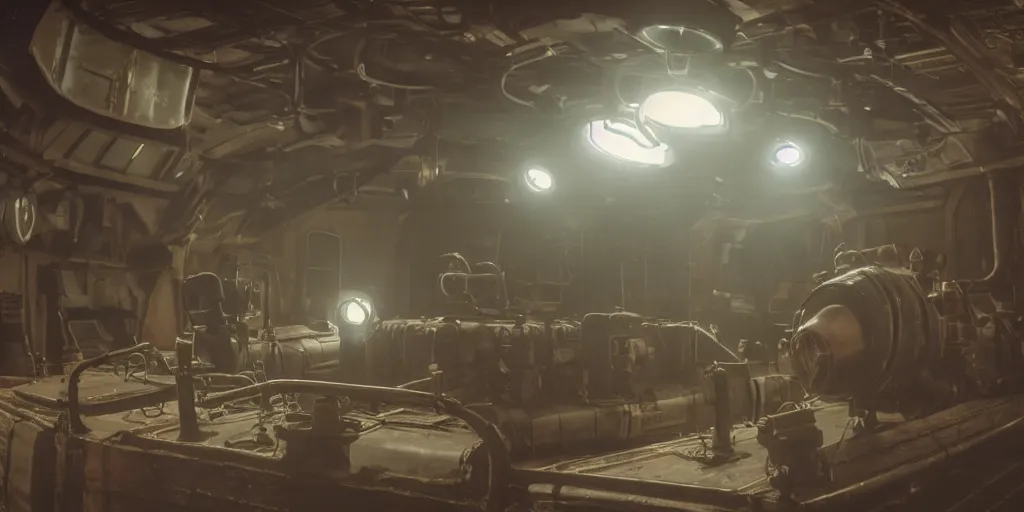 Prompt: photograph of a dieselpunk submarine interior set design, cinematic lighting, haze, arri alexa, anamorphic bokeh, 4 k, graded with davinci resolve