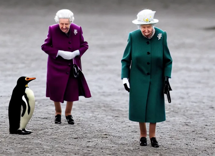 Image similar to the queen of england riding a penguin