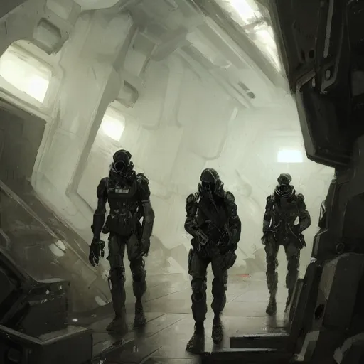 Image similar to concept art by greg rutkowski, soldiers wearing futuristic white and black tactical gear, shooting in a combat, brutalist futuristic interior, dim lighting, detailed portraits, stressfull atmosphere, scifi, digital painting, artstation, concept art, smooth, sharp foccus ilustration, artstation hq