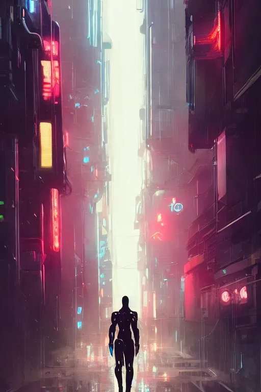 Image similar to black male cyborg body modifications hd greg rutkowski low perspective! cyberpunk city neon rain