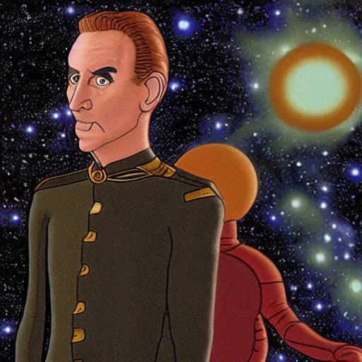 Image similar to constable odo on deep space nine staring out into the darkness of space at the many stars, with planet bajor and the bajoran wormhole in the distance