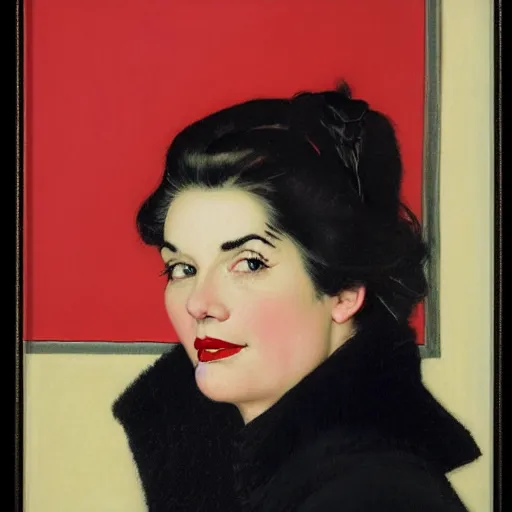 Image similar to Frontal portrait of a woman with porcelain skin, black hair and a red coat. Painting by Norman Rockwell.