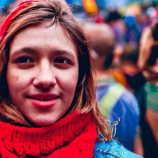 Prompt: a ultra high resolution close - up of a beautiful young woman standing in crowd of psytrance music festival, looking down at the camera. her face is partially obscured by a red scarf, and she has a smiling expression. the light is dim, and the colours are muted. kodak etkar 1 0 0.