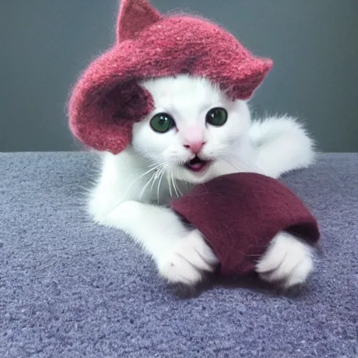 Image similar to kitten photo, wearing wool hat, tongue mlem, cat ears