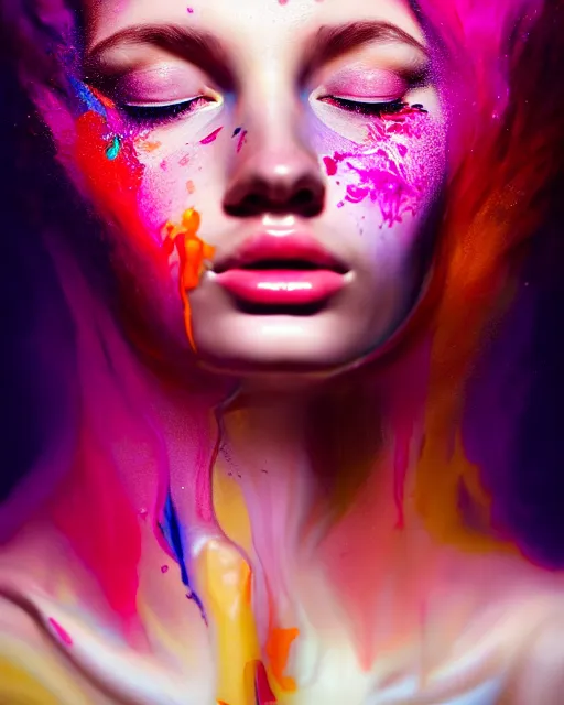 Image similar to very beautiful woman, face submerged in colorful oils, realism, extreme detail, real life, soft light, volumetric light, 3 d shadows, james jean, photoshoot