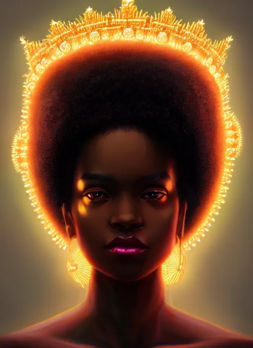 Prompt: portrait of young black woman with glowing crown, afro - futurist style, intricate, elegant, glowing lights, highly detailed, digital painting, artstation, concept art, smooth, sharp focus, illustration, art by wlop, mars ravelo and greg rutkowski