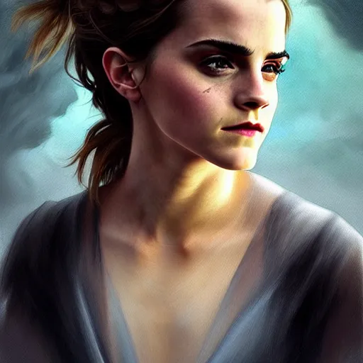 Image similar to Very funny Emma Watson looking like an old monkey, colorful painting on grey scale face, powerful , magic, thunders, dramatic lighting, intricate, wild, highly detailed, digital painting, artstation, concept art, smooth, sharp focus, illustration, art by artgerm and greg rutkowski and alphonse mucha, footage