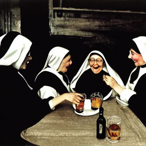 Image similar to a group of nuns enjoying themselves at a dive tavern, low light, Smokey haze above, whiskey bottles, by Norman Rockwell