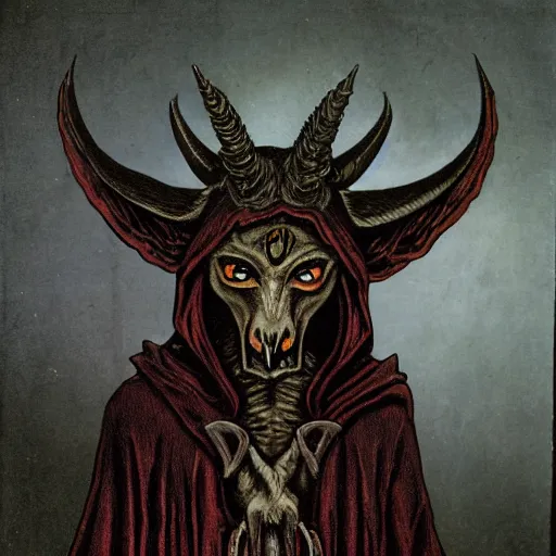 Image similar to baphomet wearing a dark hooded cloak, highly detailed