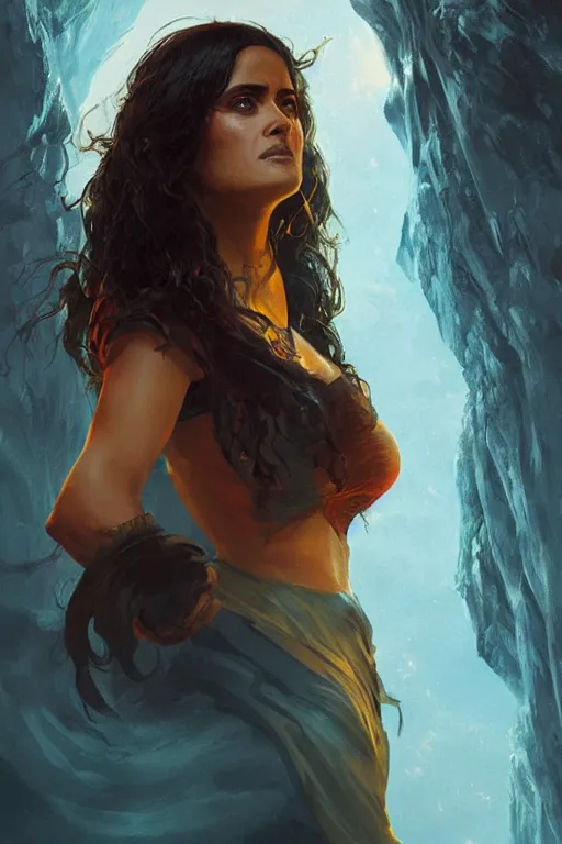 Image similar to portrait, Salma Hayek as a sorceress, dramatic lighting, cinematic, establishing shot, high detail, photo realistic, cinematic lighting, post processed, concept art, artstation, matte painting, style by eddie mendoza, raphael lacoste, alex ross