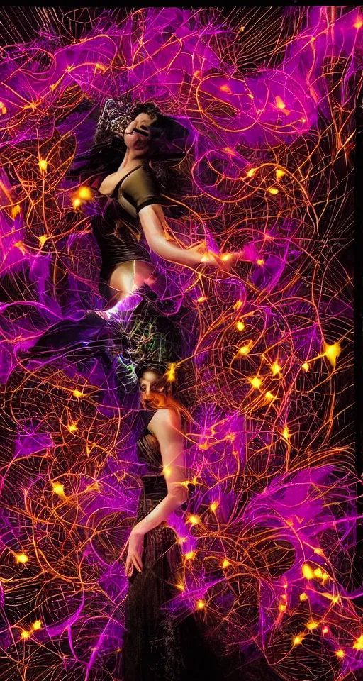 Image similar to she dreams of arcs of purple flame intertwined with glowing sparks, glinting particles of ice, dramatic lighting, steampunk, bright neon, secret holographic cyphers, red flowers, solar flares, high contrast, smooth, sharp focus, art nouveau, intricate art by Annie Liebowitz