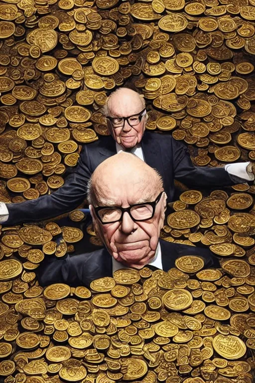 Image similar to !!! rupert murdoch!!! with!! many eyes!!, surrounded by gold coins, photorealistic, cinematic lighting, highly detailed, very intricate, by henry selick