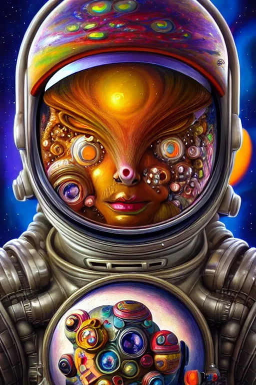 Image similar to hyper - maximalist overdetailed painting of an astronaut by naoto hattori. artstation. deviantart. cgsociety. inspired by beastwreckstuff and jimbo phillips. fantasy infused lowbrow style. hyperdetailed high resolution render by binx. ly in discodiffusion. dreamlike polished render by machine. delusions. sharp focus.