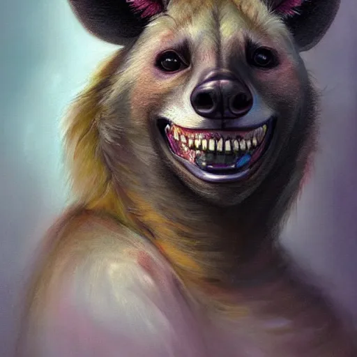 Image similar to painted portrait of an anthropomorphic hyena smiling, trending on artstation, by anna dittmann