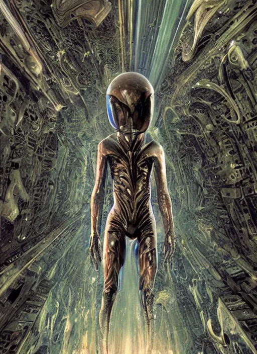 Image similar to alien astronaut in dark void underwater - complex and hyperdetailed technical suit design. reflection and dispersion materials. rays and dispersion of light. volumetric light. f / 3 2. noise film photo. flash photography. ultra realistic, 5 0 mm. poster by wayne barlowe, hajime sorayama aaron horkey, craig mullins