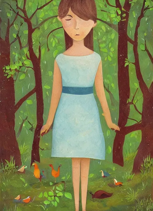 Image similar to a wonderful childrens illustration book portrait painting of a woman with serene emotion, art by tracie grimwood, forest, trees, many leaves, birds, whimsical, aesthetically pleasing and harmonious natural colors